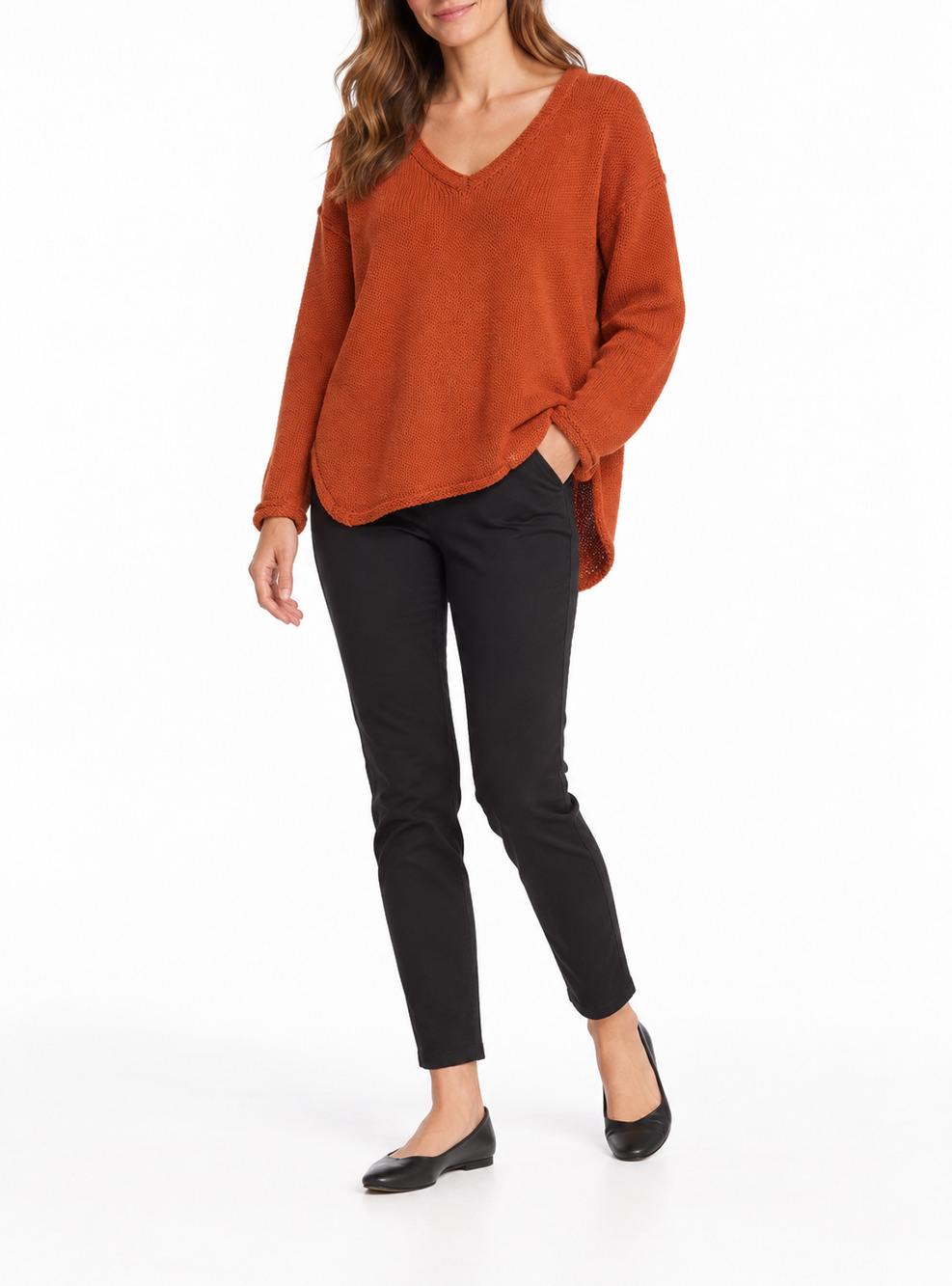 Theory Karenia V-Neck Sweater Womens M Rust Orange Cotton High Low Pullover